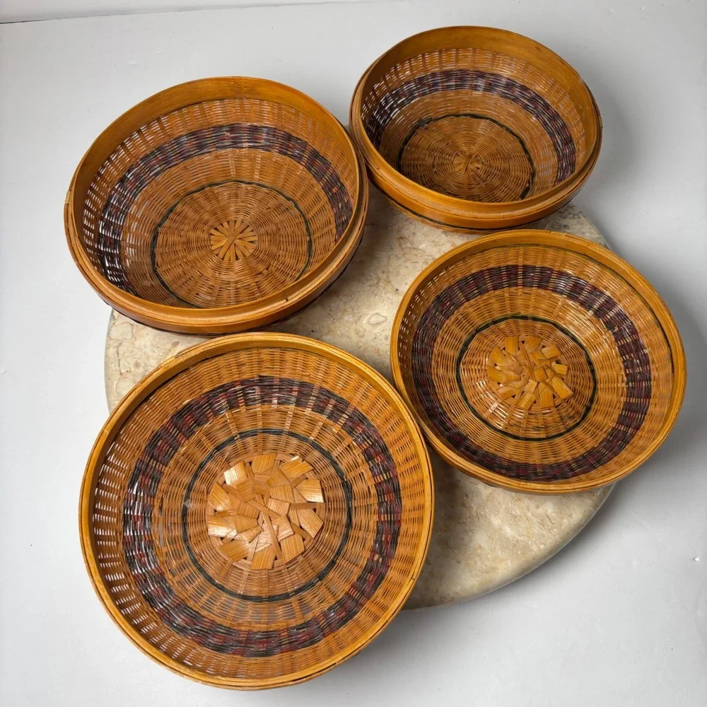 2 Vintage Hand Woven Nesting Baskets Brown Woven Boho Circular Stackable